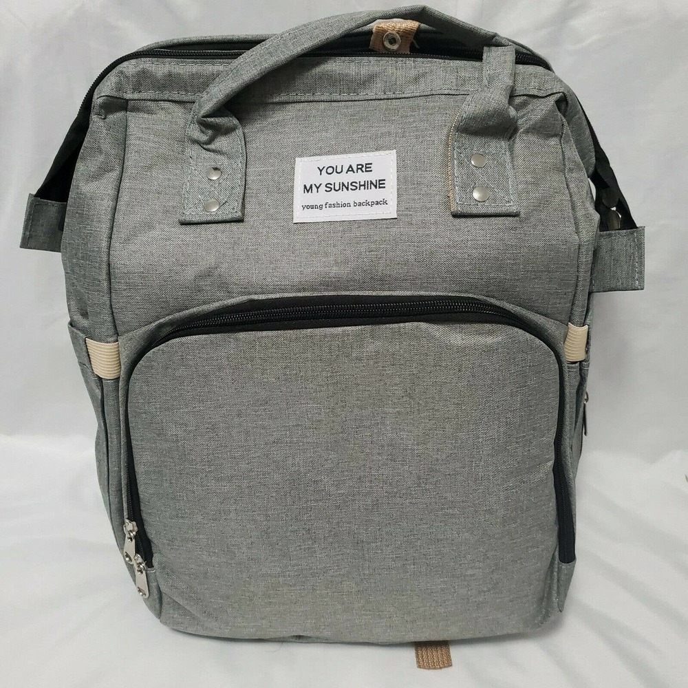 You Are My Sunshine Travel Diaper Bag Backpack w/ Built in Foldable Crib Gray